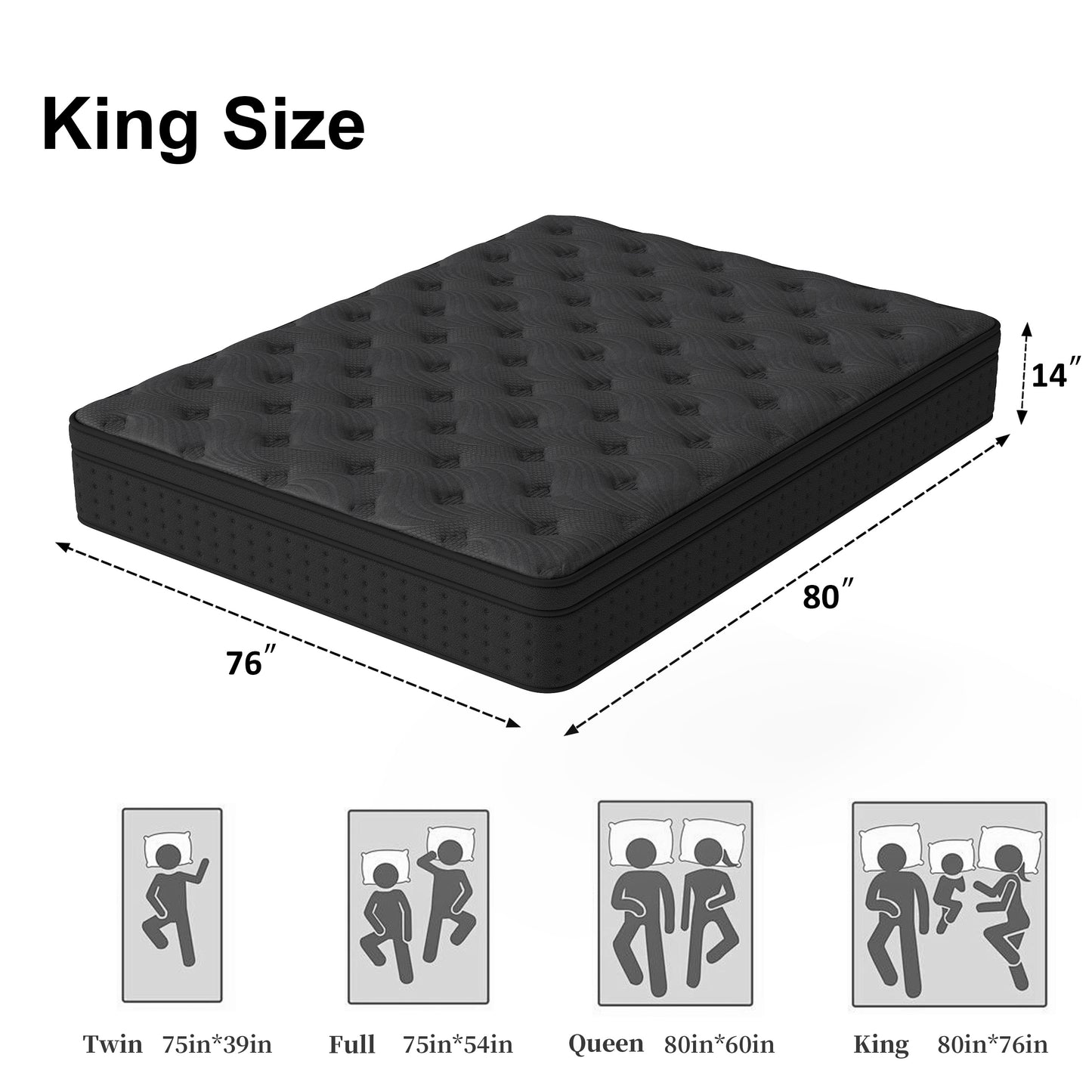 Zekbip 14 inch King Mattress in a Box, Hybrid Gel Memory Foam with Individually Wrapped Pocket Coils, Medium Firm, Pressure Relief, Cooling Sleep Support for Adult